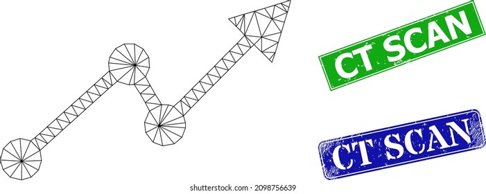 Mesh up trend image, and Ct Scan blue and green rectangular unclean seals. Mesh wireframe symbol is designed with up trend pictogram. Seals include Ct Scan caption inside rectangular frame.