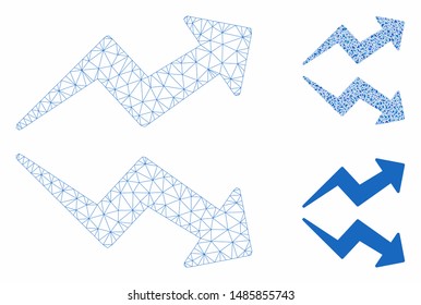 Mesh trends model with triangle mosaic icon. Wire frame polygonal mesh of trends. Vector mosaic of triangle parts in different sizes, and color hues. Abstract flat mesh trends,