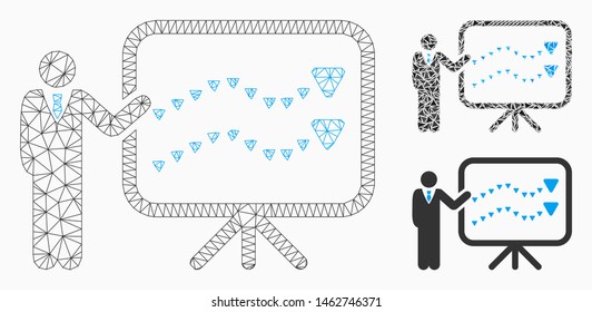 Mesh trends presentation model with triangle mosaic icon. Wire carcass triangular mesh of trends presentation. Vector composition of triangle parts in variable sizes, and color hues.