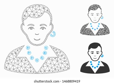 Mesh trendy gay model with triangle mosaic icon. Wire carcass triangular mesh of trendy gay. Vector mosaic of triangle elements in various sizes, and color tinges. Abstract 2d mesh trendy gay,