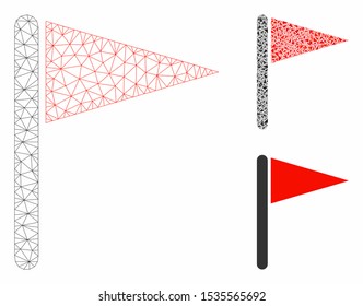 Mesh triangle flag model with triangle mosaic icon. Wire carcass triangular mesh of triangle flag. Vector mosaic of triangle parts in different sizes, and color tones.