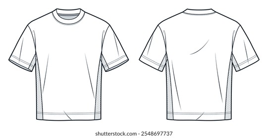 Mesh Trim T-Shirt fashion flat technical drawing template. Unisex Tee Shirt technical fashion illustration, relaxed fit, front and back view, white, women, men, unisex CAD mockup.