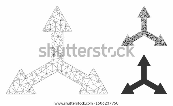 Mesh triple arrows model with triangle\
mosaic icon. Wire frame triangular mesh of triple arrows. Vector\
mosaic of triangle elements in various sizes, and color tones.\
Abstract flat mesh triple\
arrows,