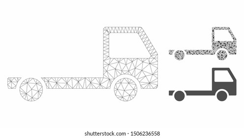 Mesh truck chassis model with triangle mosaic icon. Wire carcass triangular mesh of truck chassis. Vector mosaic of triangle parts in variable sizes, and color tinges. Abstract 2d mesh truck chassis,