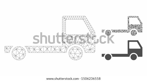 Mesh truck chassis model with triangle mosaic\
icon. Wire carcass triangular mesh of truck chassis. Vector mosaic\
of triangle parts in variable sizes, and color tinges. Abstract 2d\
mesh truck chassis,