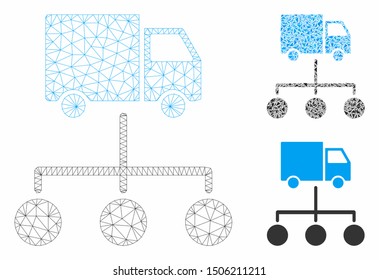 Mesh truck distribution links model with triangle mosaic icon. Wire carcass polygonal mesh of truck distribution links. Vector mosaic of triangle parts in various sizes, and color tones.
