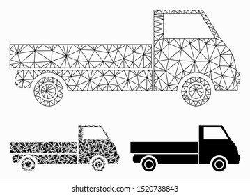 Mesh truck model with triangle mosaic icon. Wire frame triangular mesh of truck. Vector mosaic of triangle elements in variable sizes, and color tones. Abstract 2d mesh truck,