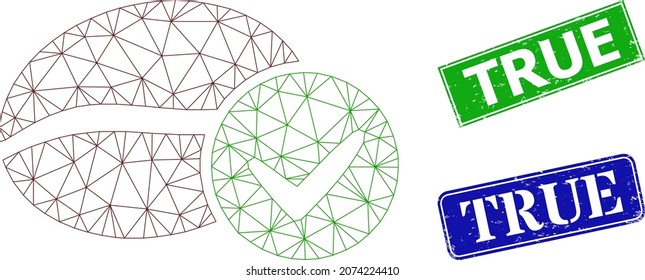 Mesh true coffee image, and True blue and green rectangle dirty stamps. Mesh carcass image based on true coffee pictogram. Stamps have True text inside rectangle shape.