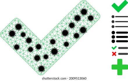 Mesh true polygonal symbol vector illustration, with black Covid centers. Carcass model is created from true flat icon, with infectious centers and triangular net.