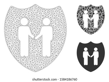 Mesh trust shield model with triangle mosaic icon. Wire frame polygonal mesh of trust shield. Vector mosaic of triangle elements in variable sizes, and color hues. Abstract 2d mesh trust shield,