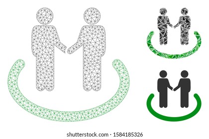 Mesh trustful area model with triangle mosaic icon. Wire carcass triangular mesh of trustful area. Vector mosaic of triangle parts in variable sizes, and color tints. Abstract 2d mesh trustful area,