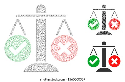 Mesh truth decision model with triangle mosaic icon. Wire frame triangular mesh of truth decision. Vector mosaic of triangle parts in different sizes, and color tints. Abstract 2d mesh truth decision,