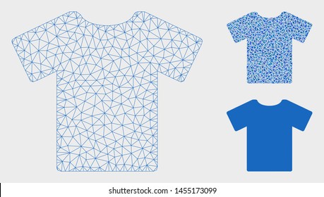 Mesh T-shirt model with triangle mosaic icon. Wire frame polygonal mesh of T-shirt. Vector mosaic of triangle parts in various sizes, and color tones. Abstract 2d mesh T-shirt,