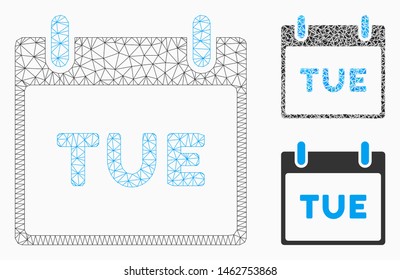 Mesh Tuesday calendar page model with triangle mosaic icon. Wire carcass polygonal mesh of Tuesday calendar page. Vector mosaic of triangle parts in various sizes, and color tones.