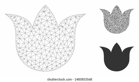 Mesh tulip flower model with triangle mosaic icon. Wire carcass polygonal network of tulip flower. Vector mosaic of triangle parts in variable sizes, and color shades. Abstract flat mesh tulip flower,