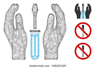 Mesh tuning screwdriver care hands polygonal web 2d vector illustration. Carcass model is based on tuning screwdriver care hands flat icon.