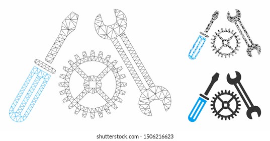 Mesh tuning service model with triangle mosaic icon. Wire frame polygonal mesh of tuning service. Vector mosaic of triangle elements in variable sizes, and color tinges.
