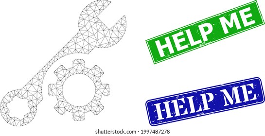 Mesh tuning wrench image, and Help Me blue and green rectangular grunge watermarks. Mesh carcass illustration created from tuning wrench pictogram. Seals have Help Me title inside rectangular frame.