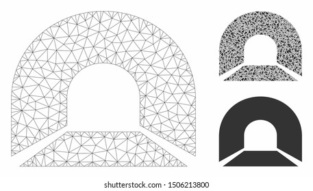 Mesh tunnel model with triangle mosaic icon. Wire frame triangular mesh of tunnel. Vector mosaic of triangle elements in various sizes, and color shades. Abstract 2d mesh tunnel,