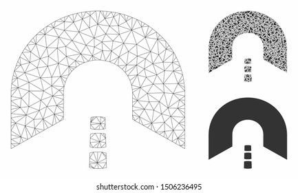 Mesh tunnel model with triangle mosaic icon. Wire carcass polygonal network of tunnel. Vector mosaic of triangle parts in variable sizes, and color tints. Abstract flat mesh tunnel,