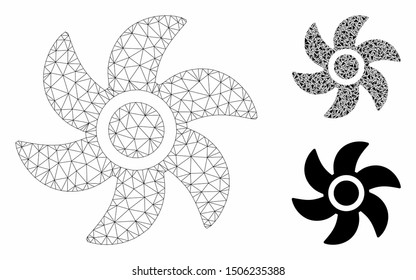 Mesh turbine model with triangle mosaic icon. Wire frame polygonal mesh of turbine. Vector collage of triangles in variable sizes, and color tints. Abstract 2d mesh turbine, designed with triangles.