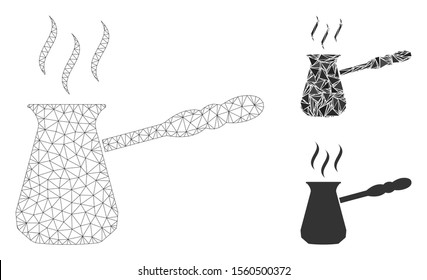 Mesh turkish coffee model with triangle mosaic icon. Wire carcass polygonal mesh of turkish coffee. Vector mosaic of triangle parts in different sizes, and color shades.