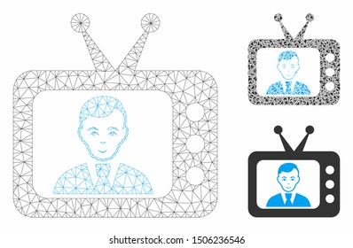 Mesh TV dictor model with triangle mosaic icon. Wire carcass triangular mesh of TV dictor. Vector mosaic of triangle elements in various sizes, and color shades. Abstract 2d mesh TV dictor,