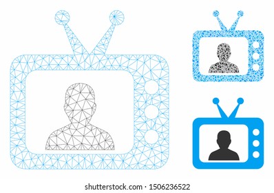 Mesh TV speaker model with triangle mosaic icon. Wire frame polygonal mesh of TV speaker. Vector mosaic of triangles in different sizes, and color hues. Abstract 2d mesh TV speaker,