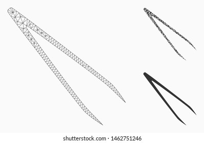 Mesh tweezers model with triangle mosaic icon. Wire frame polygonal mesh of tweezers. Vector mosaic of triangles in different sizes, and color shades. Abstract flat mesh tweezers,
