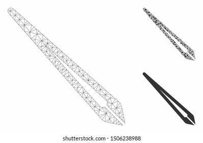 Mesh tweezers model with triangle mosaic icon. Wire frame triangular mesh of tweezers. Vector composition of triangles in different sizes, and color tints. Abstract flat mesh tweezers,