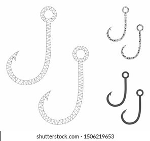 Mesh two fishing hooks model with triangle mosaic icon. Wire frame triangular mesh of two fishing hooks. Vector mosaic of triangle parts in various sizes, and color shades.