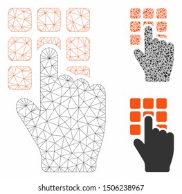 Mesh type password model with triangle mosaic icon. Wire carcass polygonal mesh of type password. Vector mosaic of triangle elements in variable sizes, and color shades.