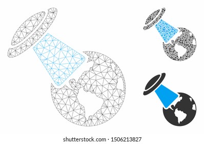 Mesh UFO explores Earth model with triangle mosaic icon. Wire carcass triangular mesh of UFO explores Earth. Vector mosaic of triangle elements in different sizes, and color tones.