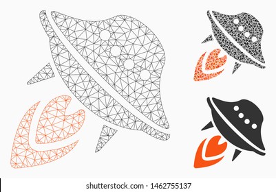Mesh UFO start model with triangle mosaic icon. Wire carcass triangular mesh of UFO start. Vector mosaic of triangle parts in various sizes, and color tints. Abstract 2d mesh UFO start,