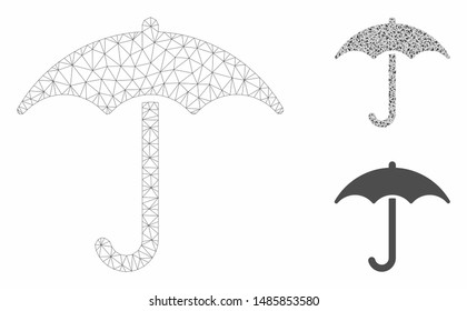 Mesh umbrella model with triangle mosaic icon. Wire carcass polygonal mesh of umbrella. Vector mosaic of triangle parts in different sizes, and color tones. Abstract flat mesh umbrella,