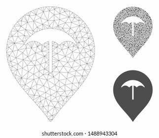 Mesh umbrella model with triangle mosaic icon. Wire frame polygonal mesh of umbrella. Vector mosaic of triangle elements in variable sizes, and color tones. Abstract 2d mesh umbrella,
