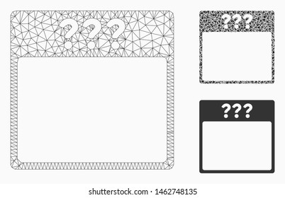 Mesh unknown calendar page model with triangle mosaic icon. Wire carcass polygonal mesh of unknown calendar page. Vector mosaic of triangle parts in variable sizes, and color tinges.