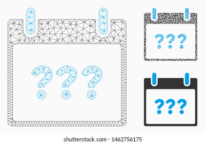 Mesh unknown day calendar page model with triangle mosaic icon. Wire frame polygonal mesh of unknown day calendar page. Vector composition of triangle elements in various sizes, and color tints.