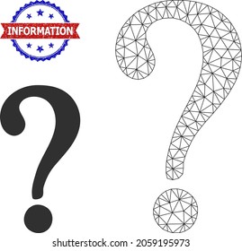 Mesh unknown frame illustration, and bicolor rubber Information watermark. Mesh carcass image designed with unknown icon. Vector watermark with Information caption inside red ribbon and blue rosette,