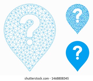 Mesh unknown position model with triangle mosaic icon. Wire carcass polygonal mesh of unknown position. Vector collage of triangles in various sizes, and color tints.