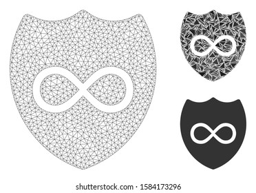 Mesh unlimited shield model with triangle mosaic icon. Wire frame polygonal mesh of unlimited shield. Vector mosaic of triangle parts in different sizes, and color tones.
