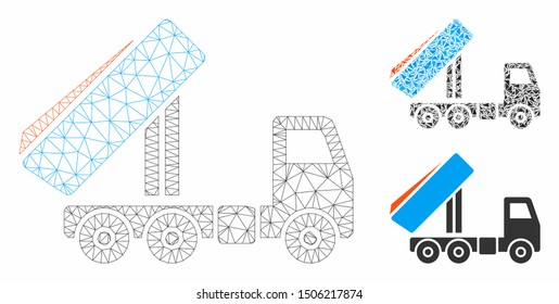Mesh unloading tipper model with triangle mosaic icon. Wire frame triangular network of unloading tipper. Vector mosaic of triangle elements in variable sizes, and color hues.