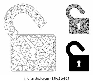 Mesh unlock model with triangle mosaic icon. Wire frame triangular mesh of unlock. Vector composition of triangle elements in different sizes, and color tints. Abstract flat mesh unlock,