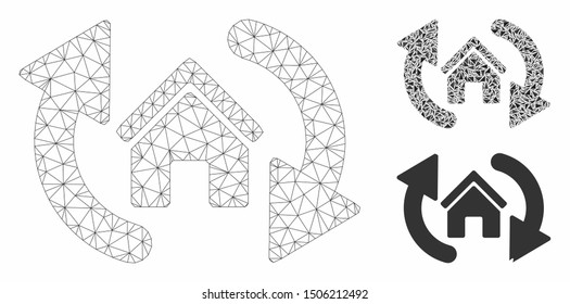 Mesh update house model with triangle mosaic icon. Wire carcass polygonal mesh of update house. Vector mosaic of triangle parts in different sizes, and color tinges. Abstract 2d mesh update house,