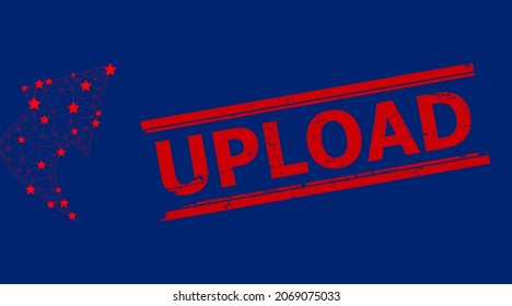 Ilustración del vector de icono poligonal de la flecha de carga de malla y marca de agua rayada de UPLOAD roja. El modelo Carcass se basa en el icono plano de flecha de subida, con estrellas y malla triangular.