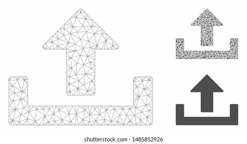 Mesh upload model with triangle mosaic icon. Wire frame triangular mesh of upload. Vector mosaic of triangles in variable sizes, and color tones. Abstract flat mesh upload,