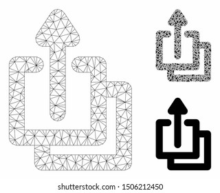 Mesh uploads model with triangle mosaic icon. Wire carcass triangular mesh of uploads. Vector mosaic of triangle elements in different sizes, and color shades. Abstract 2d mesh uploads,
