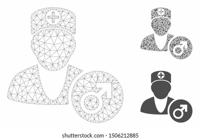 Mesh urology doctor model with triangle mosaic icon. Wire frame triangular mesh of urology doctor. Vector composition of triangle elements in different sizes, and color hues.