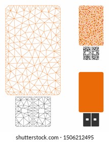 Mesh USB flash drive model with triangle mosaic icon. Wire carcass polygonal mesh of USB flash drive. Vector mosaic of triangle elements in variable sizes, and color tints.