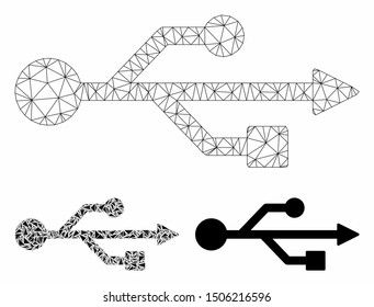Mesh USB symbol model with triangle mosaic icon. Wire frame polygonal mesh of USB symbol. Vector mosaic of triangle elements in different sizes, and color tinges. Abstract 2d mesh USB symbol,